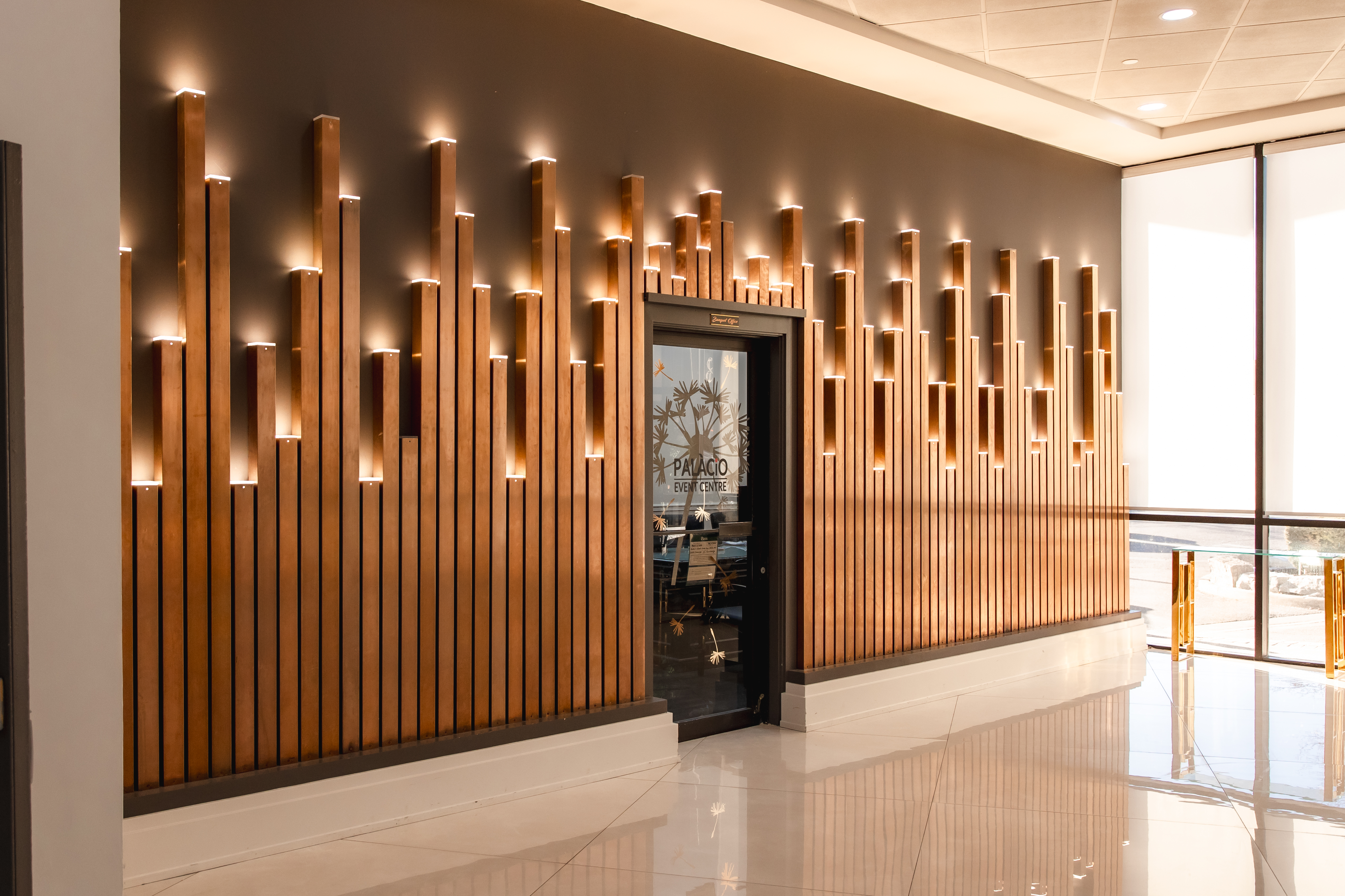 Warm wood and lighting detail inside Palacio Event Centre